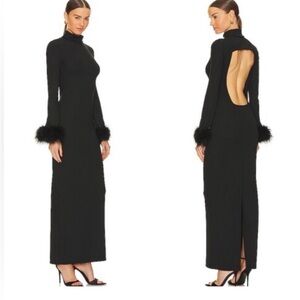 LPA Black Maxi Dress with Fur Cuffs